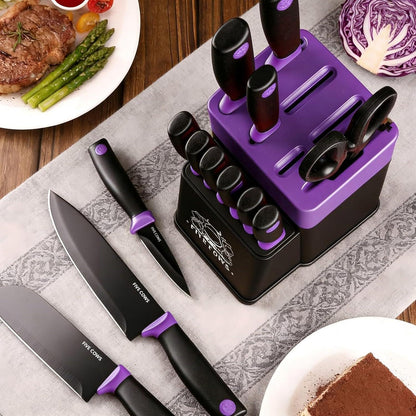14-teiliges Messerblock Set mit Selbstschärfer & Steakmesser (Violett)