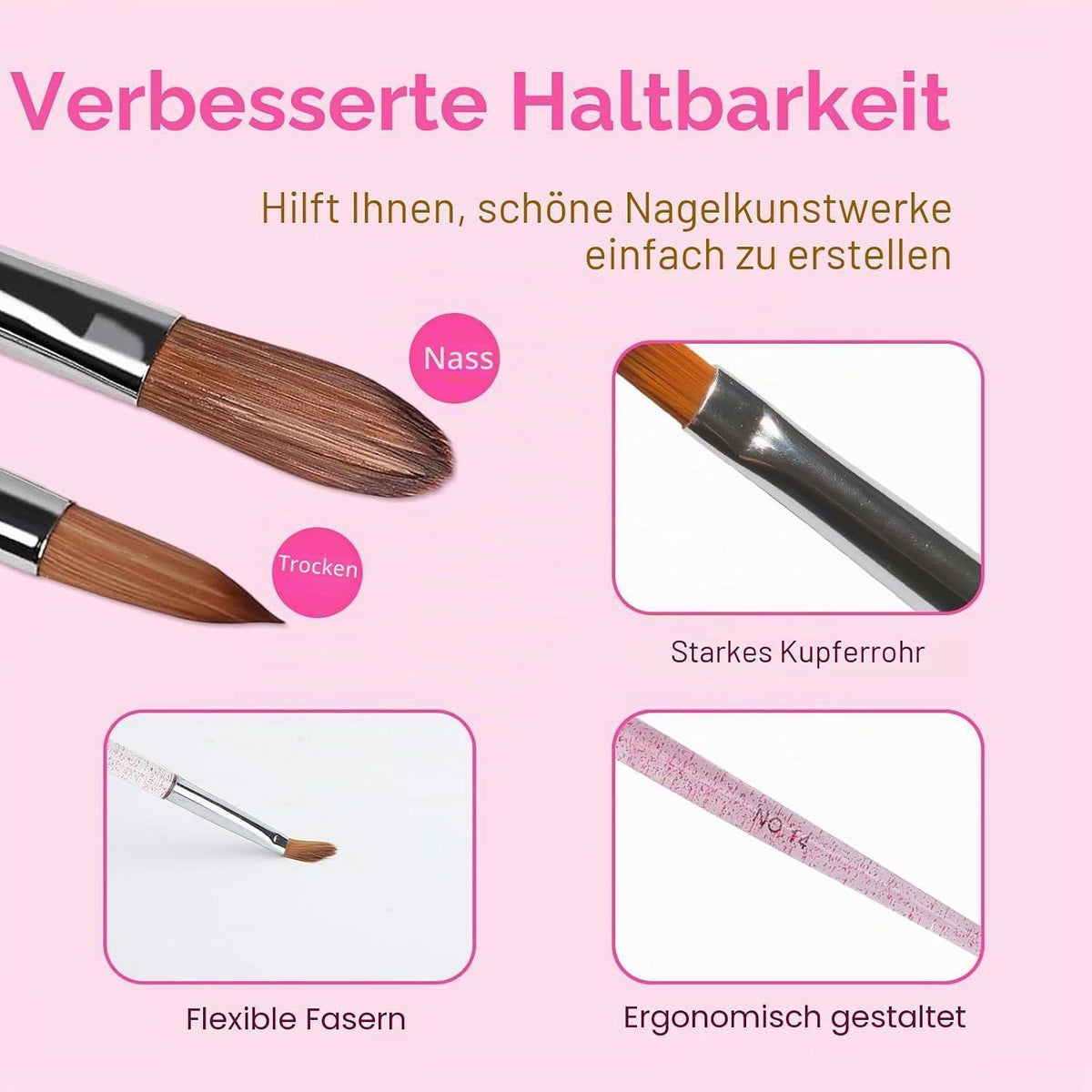 3x Acryl Pinsel Set für Nageldesign – 8/10/14 Größen