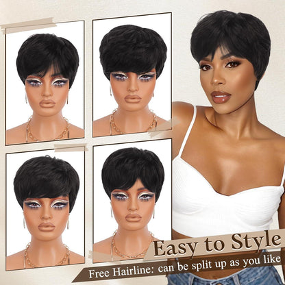 Echthaar Pixie Cut Perücke – Kurz, Geschichtet, Welle (1B#)