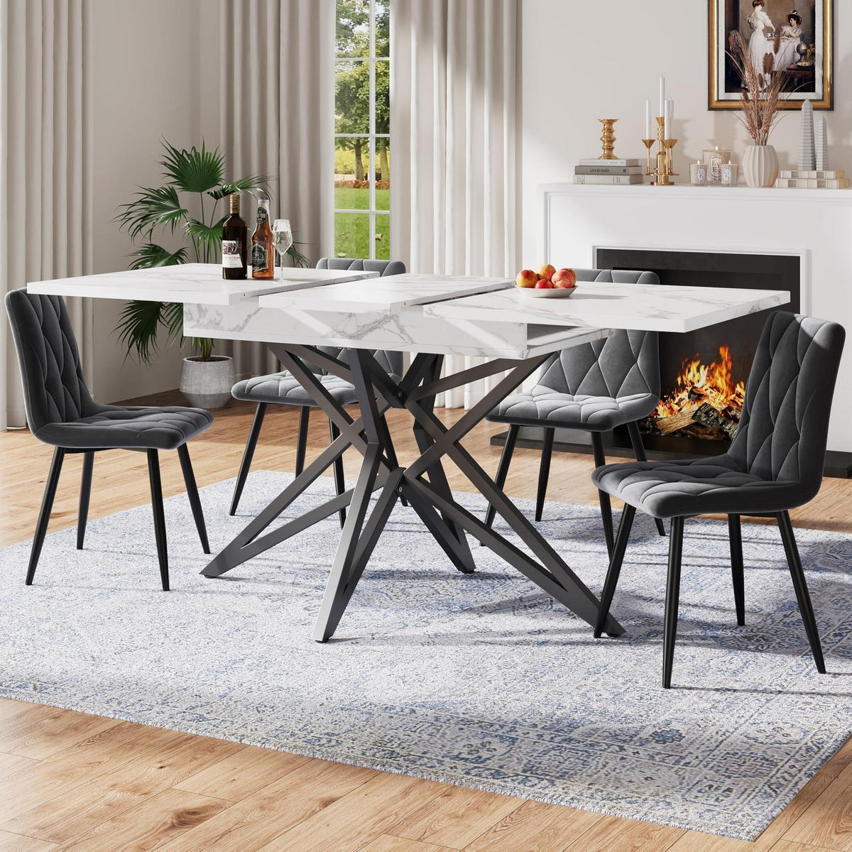 Ausziehbarer Esstisch-Set mit 4 Samtstühlen (Schwarz/Weiß)