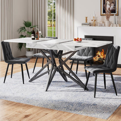 Ausziehbarer Esstisch-Set mit 4 Samtstühlen (Schwarz/Weiß)