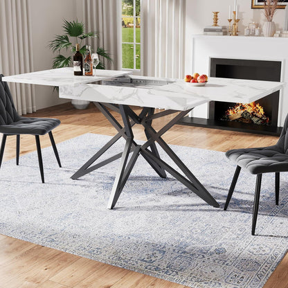 Ausziehbarer Esstisch-Set mit 4 Samtstühlen (Schwarz/Weiß)