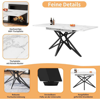 Ausziehbarer Esstisch-Set mit 4 Samtstühlen (Schwarz/Weiß)