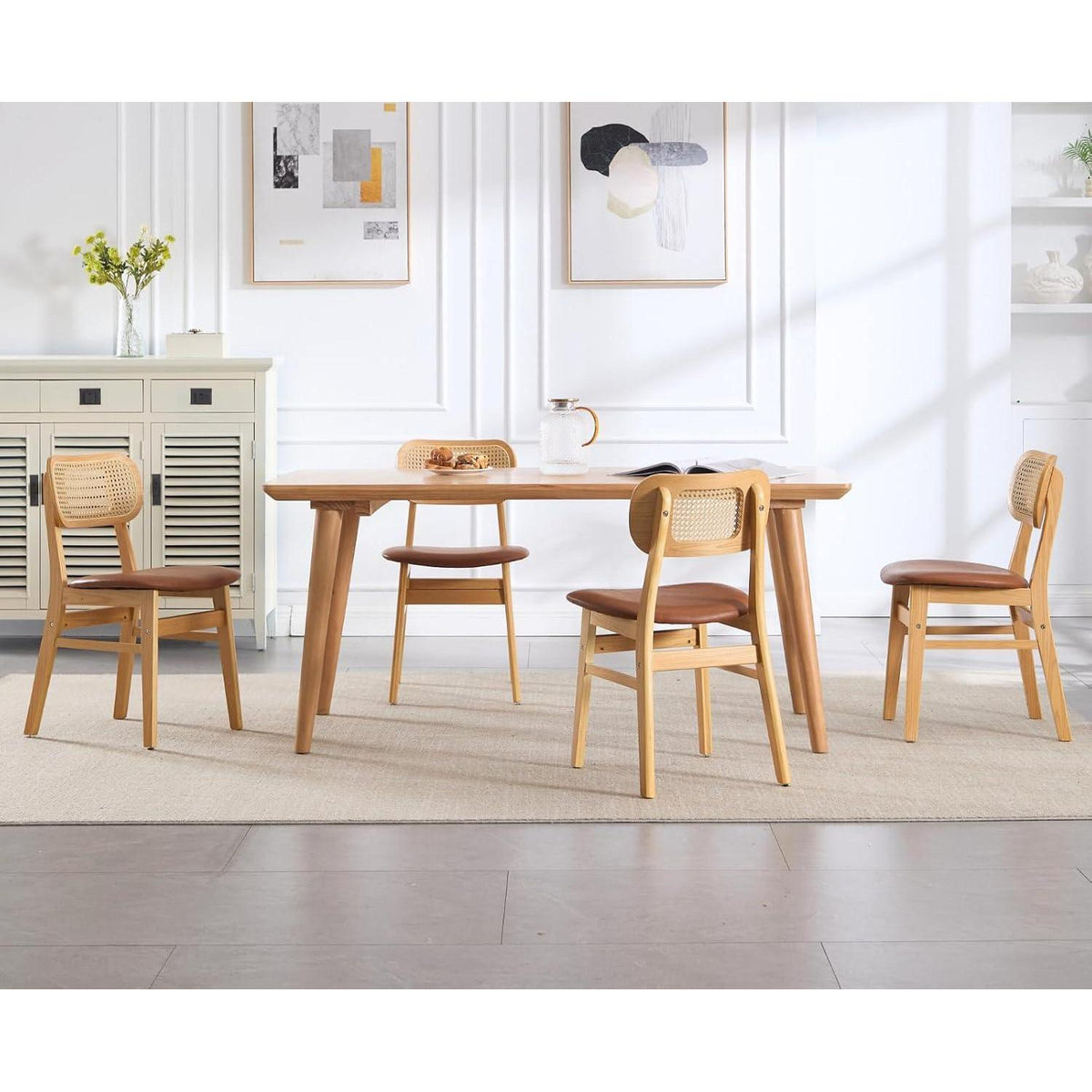 Esszimmerstühle 4er Set Holz mit Rattan Rückenlehne Braun