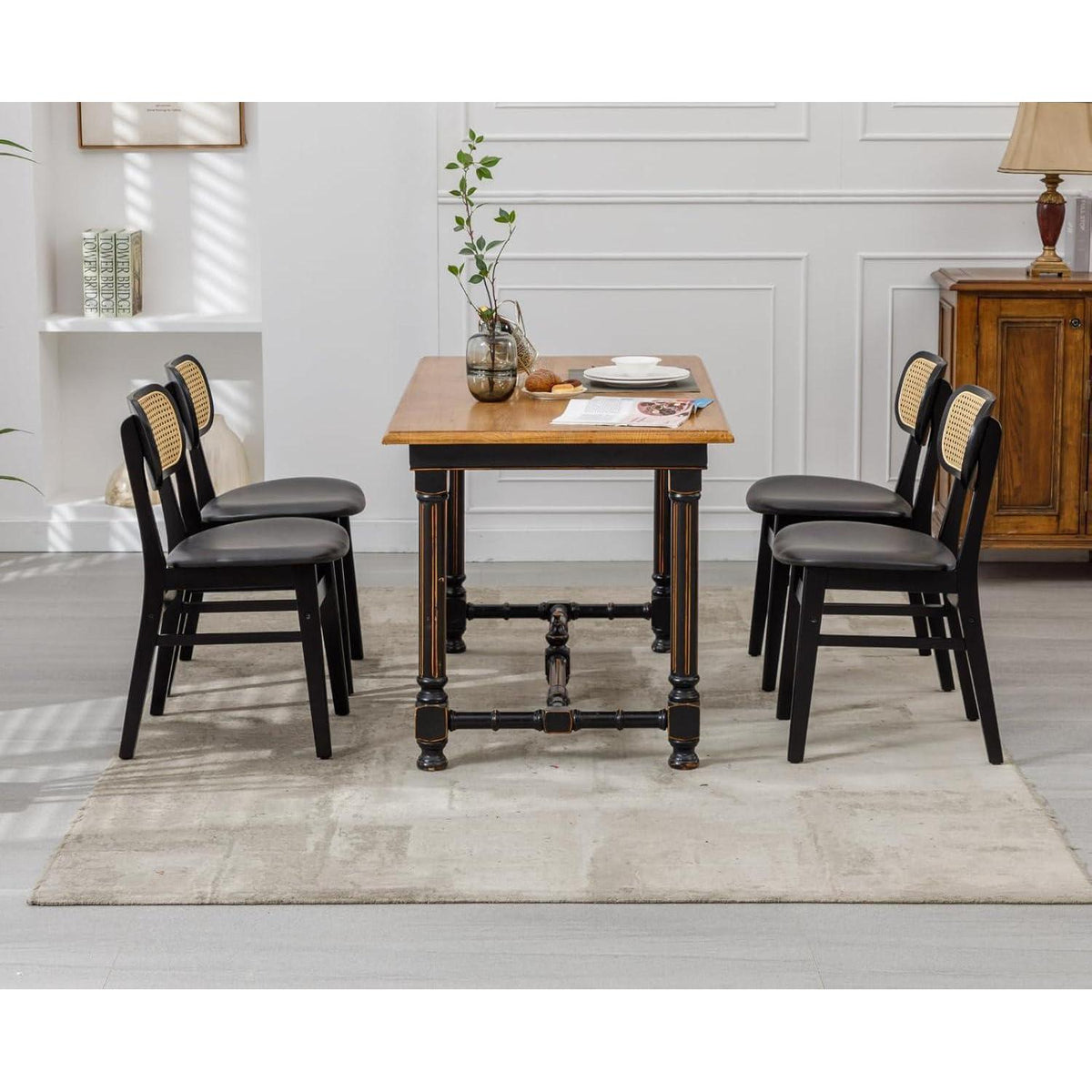 Esszimmerstühle 4er Set Holz mit Rattan Rückenlehne Schwarz