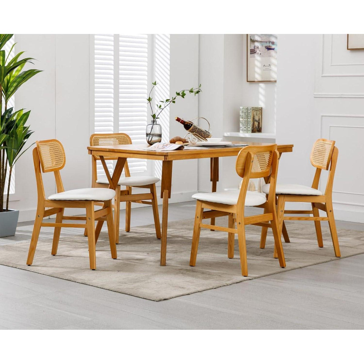 Esszimmerstühle 4er Set Holz mit Rattan Rückenlehne, Weiß