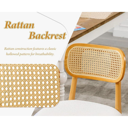 Esszimmerstühle 4er Set Holz & Kunstfell mit Rattan Rückenlehne Beige