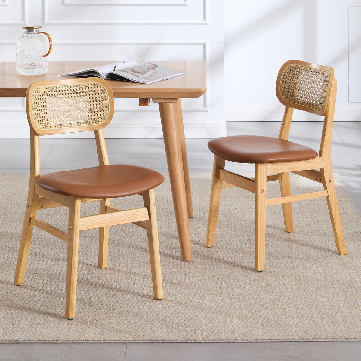 Esszimmerstuhl Set Holz mit Rattan Rückenlehne Braun in Lederoptik