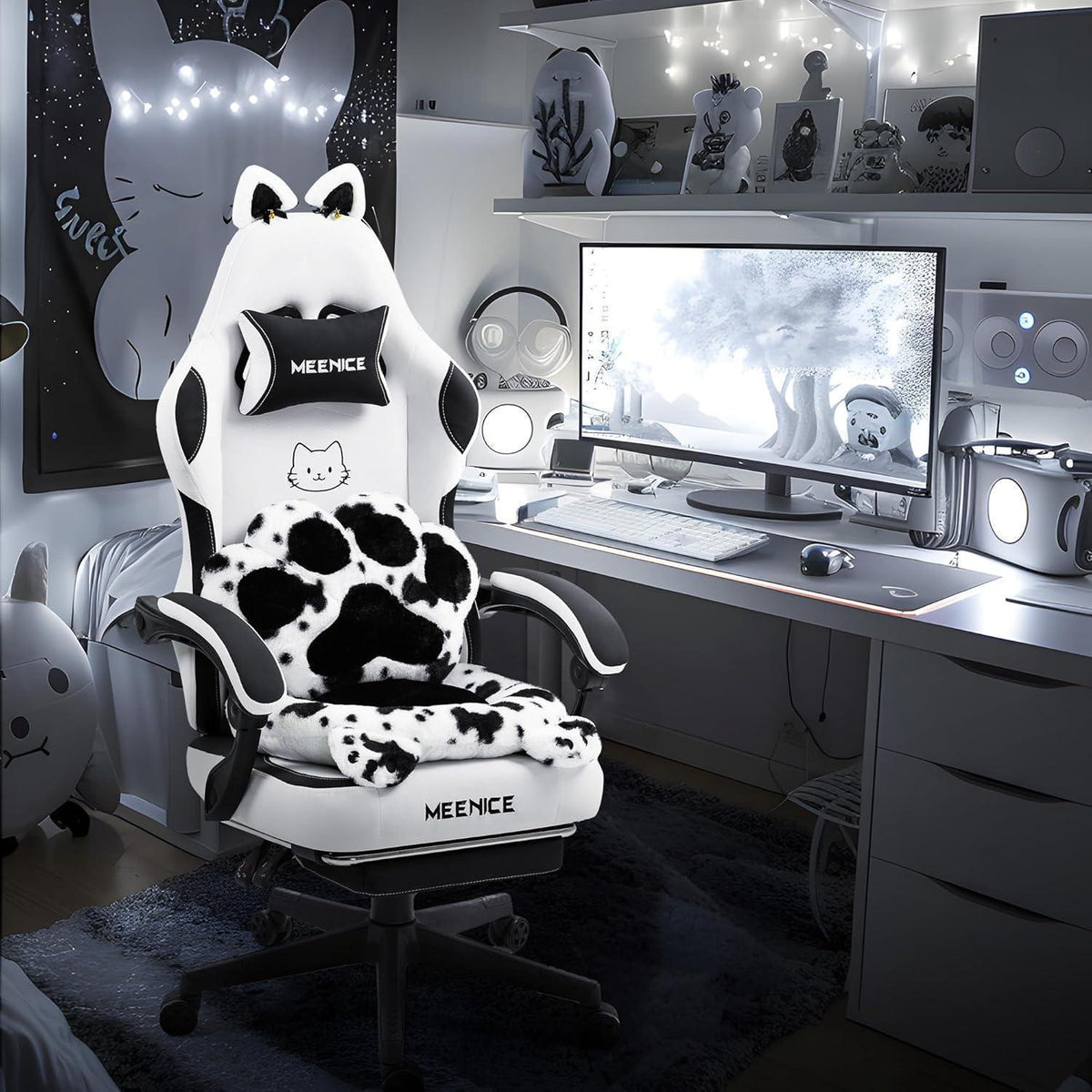 Gaming Stuhl Katze mit Fußstütze & Katzenohren, Ergonomisch, 200kg, Schwarzweiß