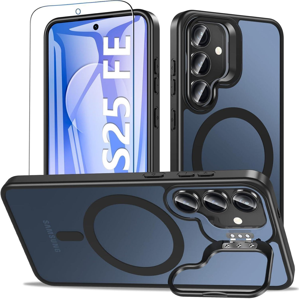 Schutzhülle für Samsung S25 FE mit Ständer & Panzerglas, Matt Schwarz