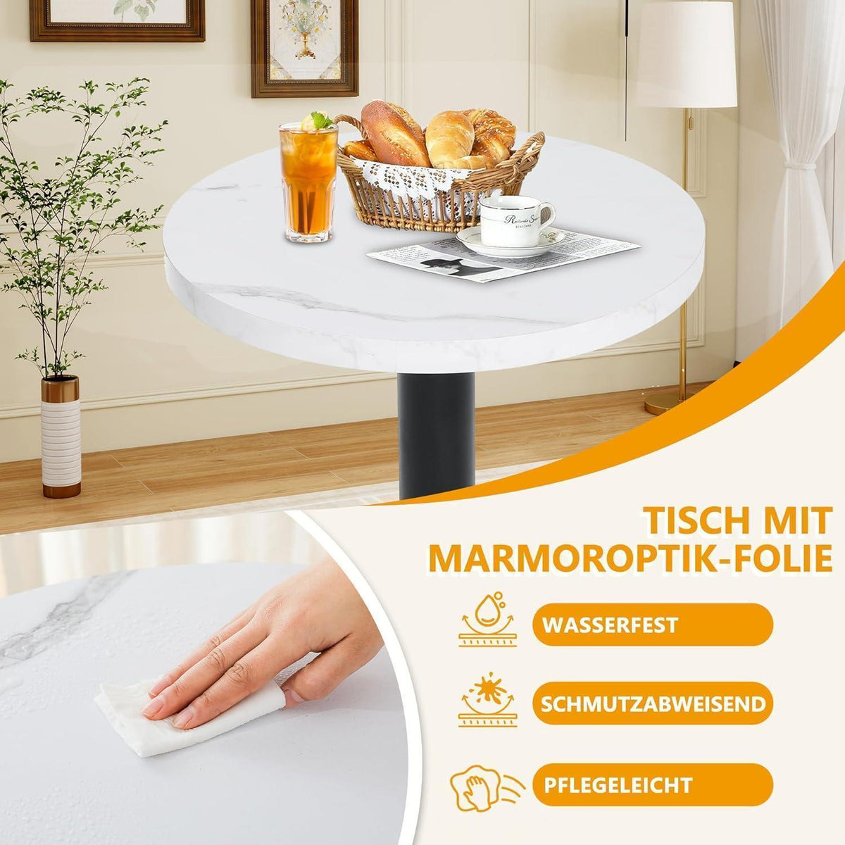 Runder Esstisch 60cm Weiß – Küchentisch mit Marmoroptik