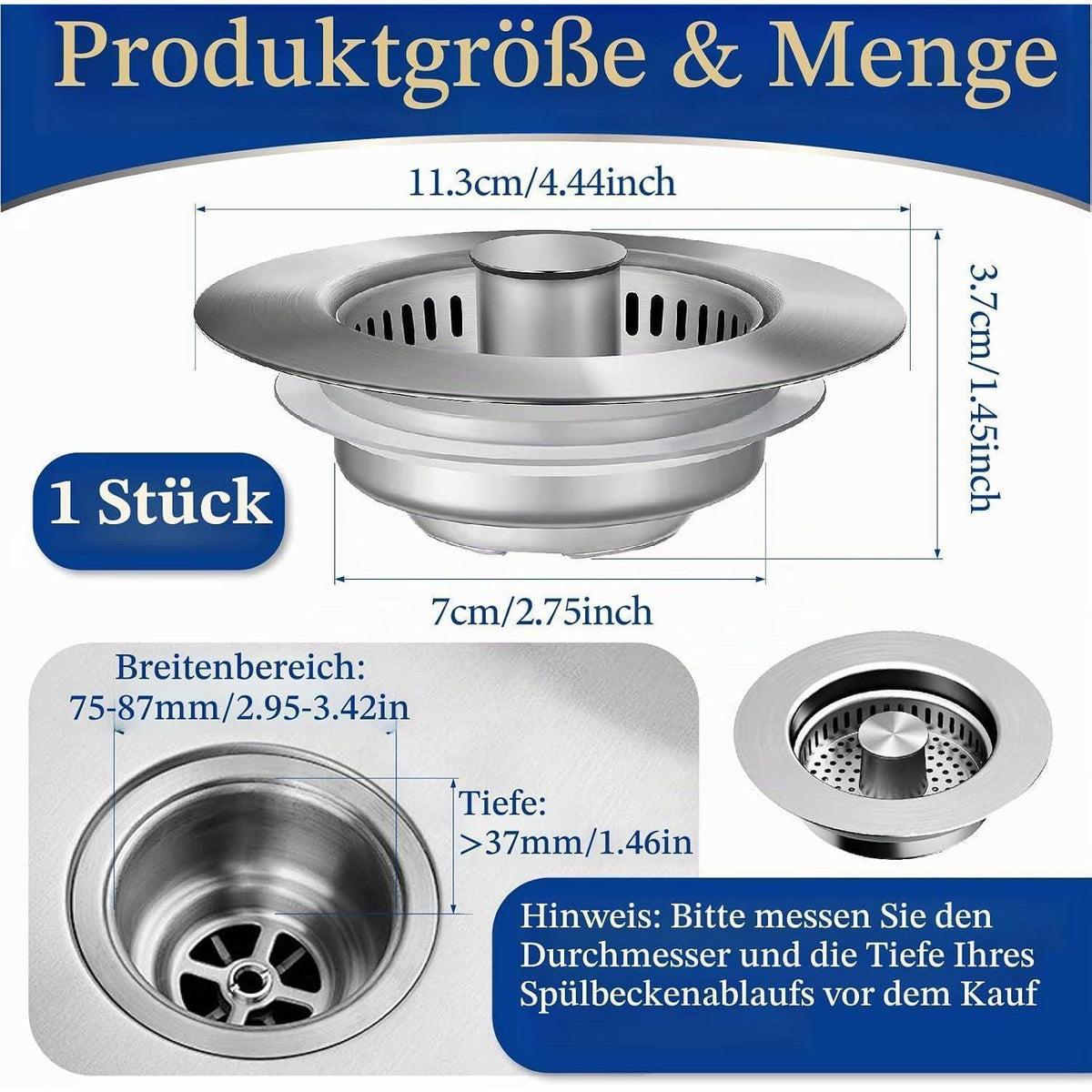 Abflusssieb Spüle 3in1 Edelstahl Pop-up mit Filterkorb