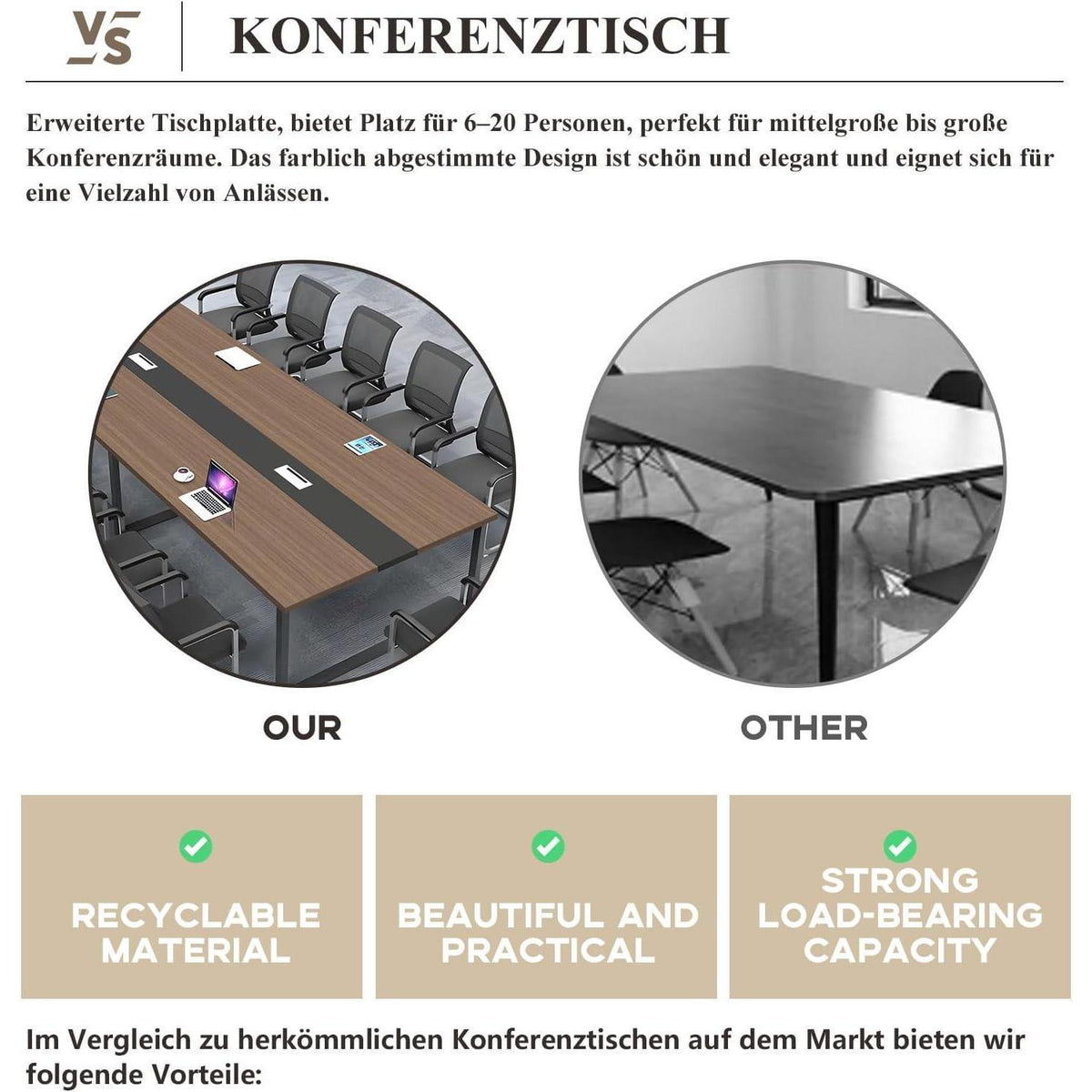 Konferenztisch Rechteckig für 8-12 Personen – Helles Walnussholz & Schwarz