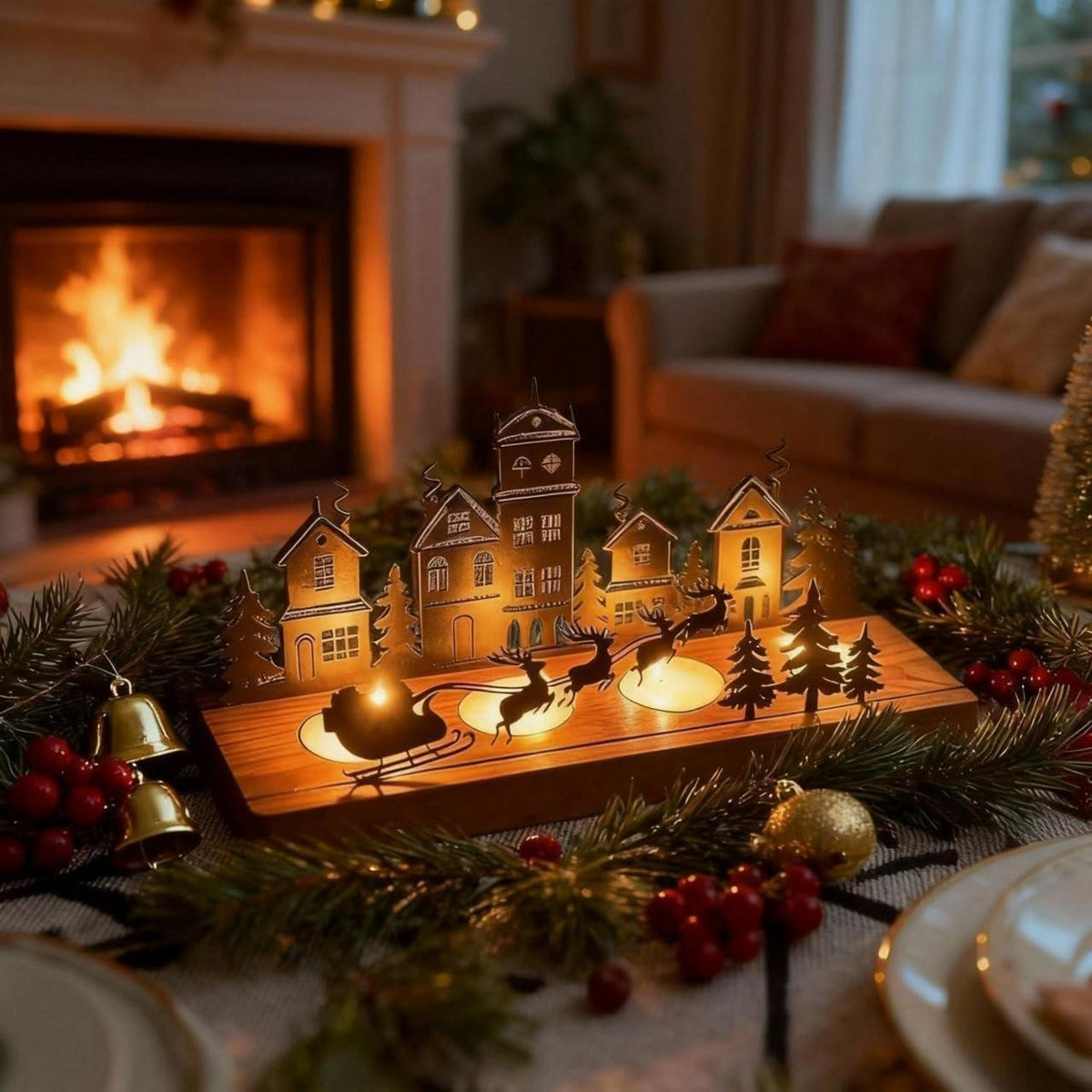 Adventskranz Metall mit Holz für 4 Teelichter, Weihnachtsdeko