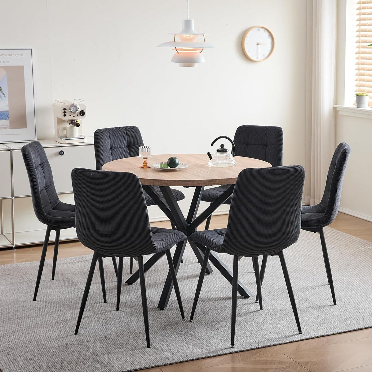 6er-Set Nordische Esszimmerstühle mit Cord & Metallbeinen Schwarz