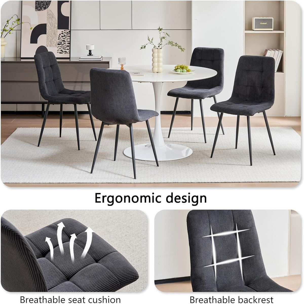 6er-Set Nordische Esszimmerstühle mit Cord & Metallbeinen Schwarz