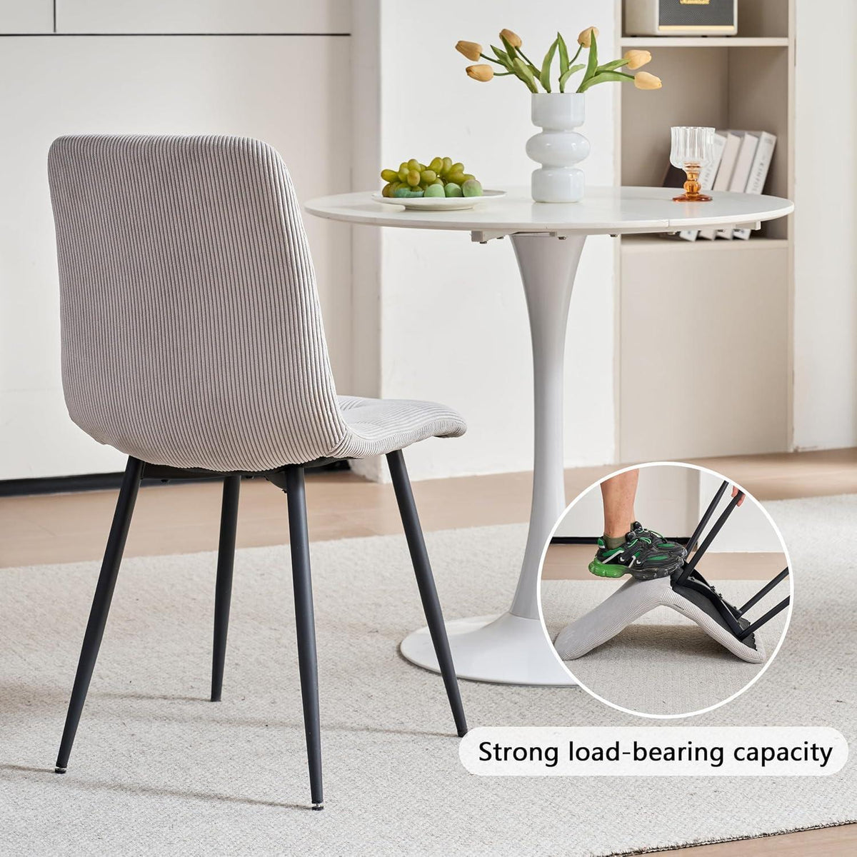 8er-Set Esszimmerstühle Nordisch, Hellgrau | Bequeme Cord-Stühle mit Metallbeinen