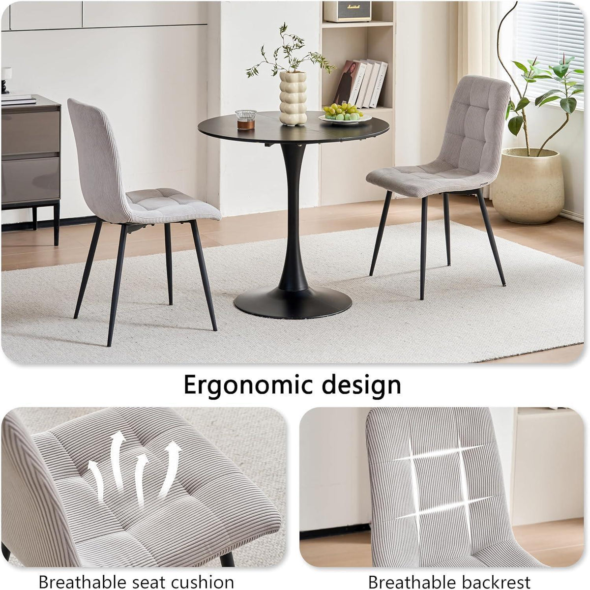 8er-Set Esszimmerstühle Nordisch, Hellgrau | Bequeme Cord-Stühle mit Metallbeinen