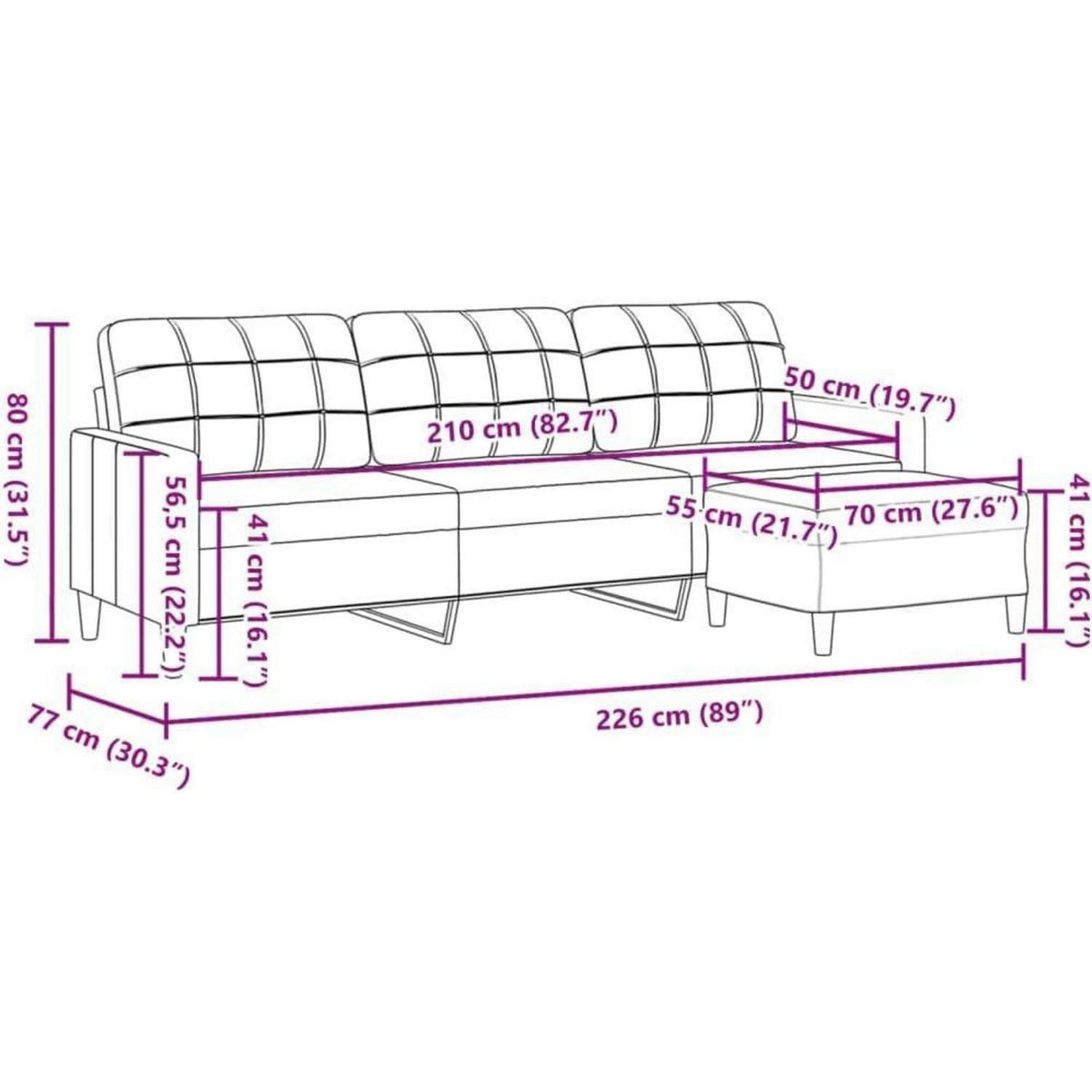 3-Sitzer Sofa mit Hocker, Hellgelb – Modernes Schlafsofa 210cm