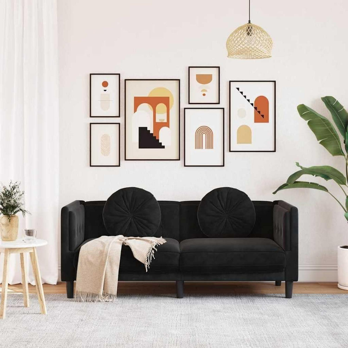 Modernes 2-Sitzer Sofa Schwarz Samt mit Kissen