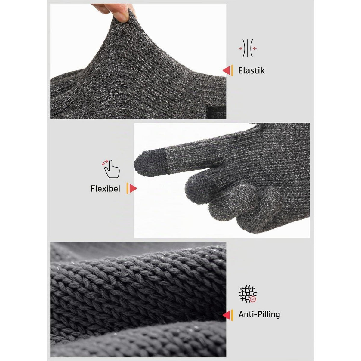 Warme Winterhandschuhe Merino Wolle Touchscreen Grau L