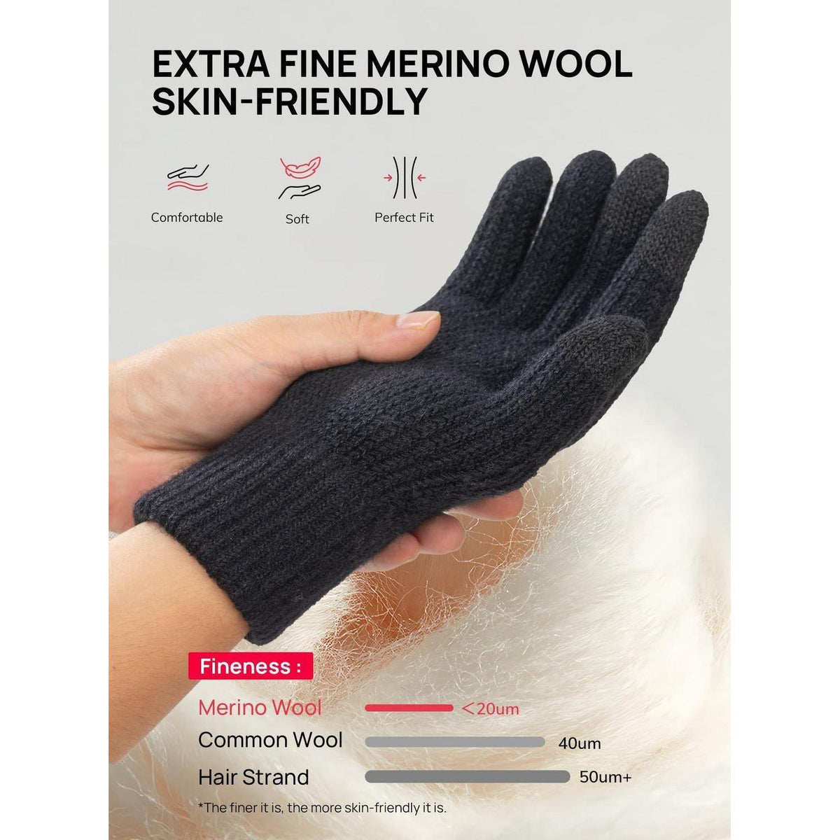 Warme Winterhandschuhe Merino Wolle Touchscreen Schwarz XL