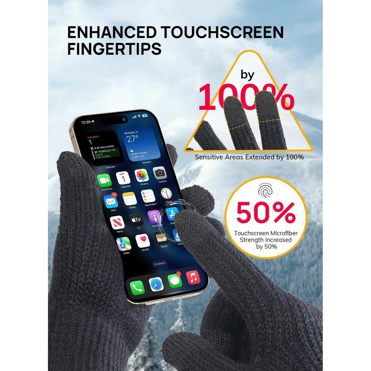 Warme Winterhandschuhe Merino Wolle Touchscreen Schwarz XL