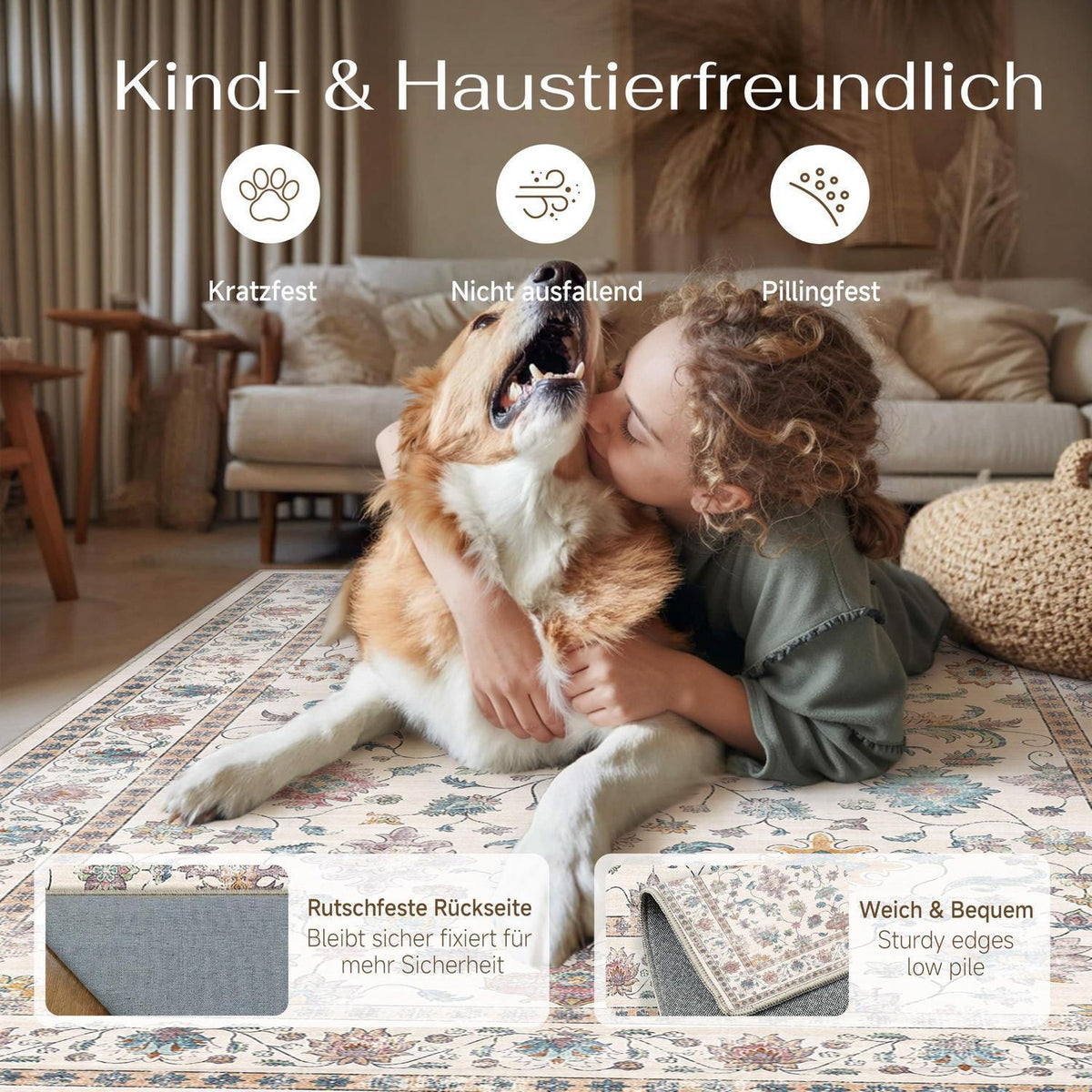 Waschbarer Teppich Wohnzimmer 200x300cm – Vintage Design & Rutschfest