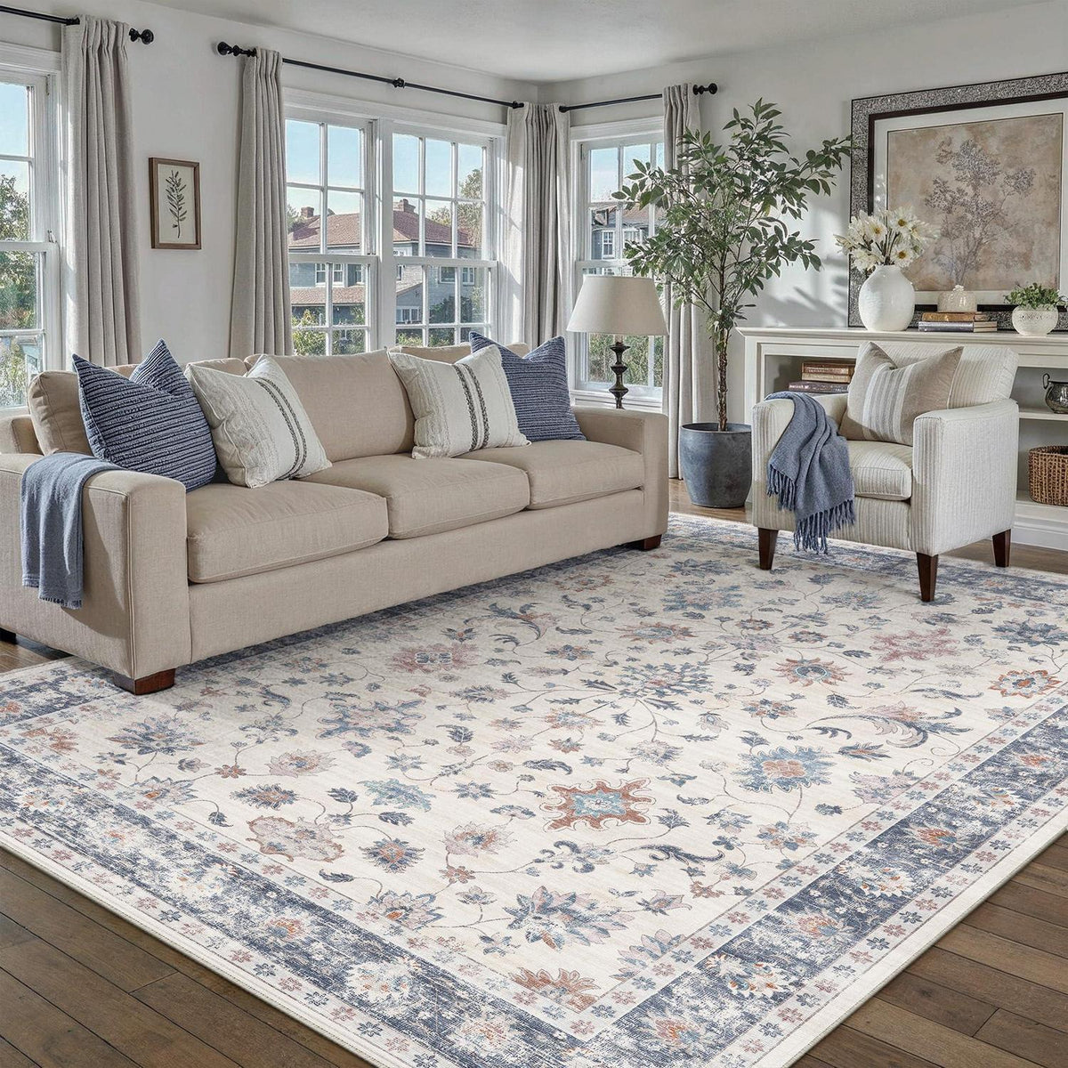Waschbarer Teppich Blau & Weiß 160x230cm – Vintage Wohnzimmer Teppich