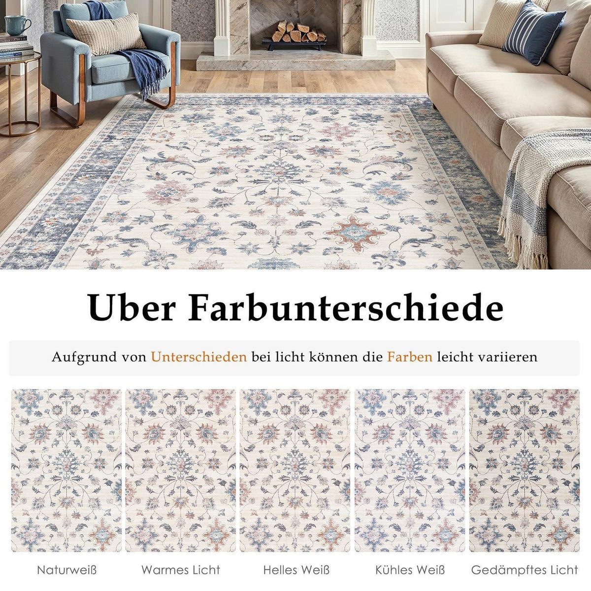 Waschbarer Teppich Blau & Weiß 160x230cm – Vintage Wohnzimmer Teppich