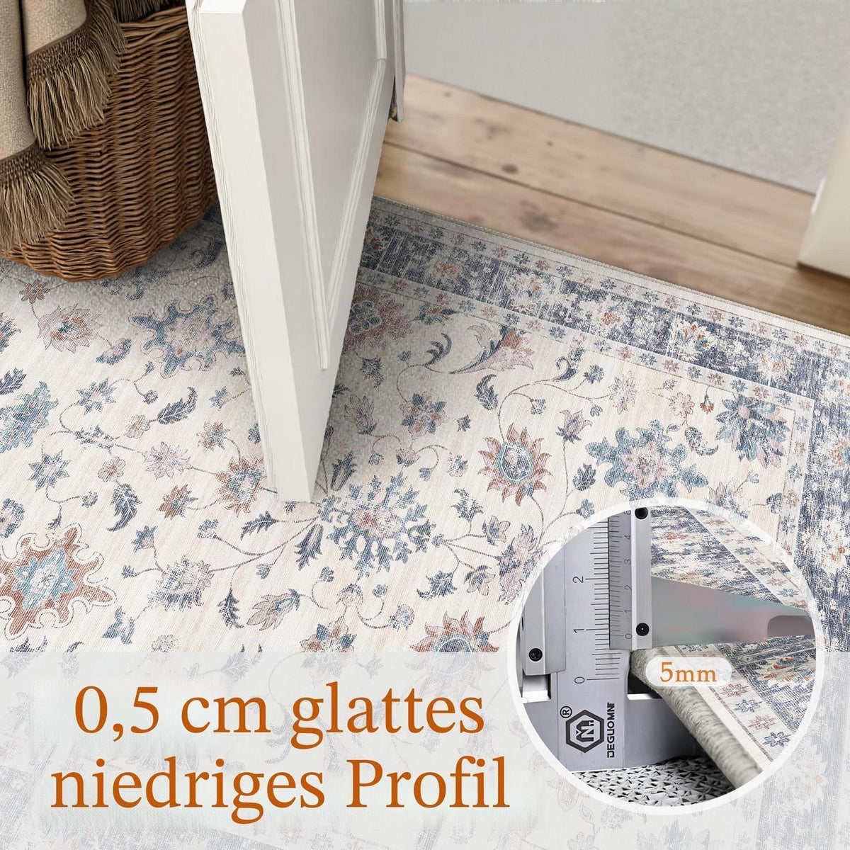 Waschbarer Teppich Blau & Weiß 160x230cm – Vintage Wohnzimmer Teppich