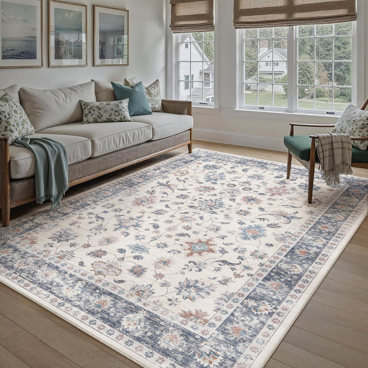 Waschbarer Teppich Blau & Weiß 160x230cm – Vintage Wohnzimmer Teppich