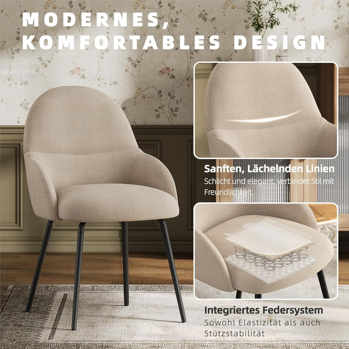 Esszimmerstühle 6er Set mit Armlehne – Beige Leinen & Metall