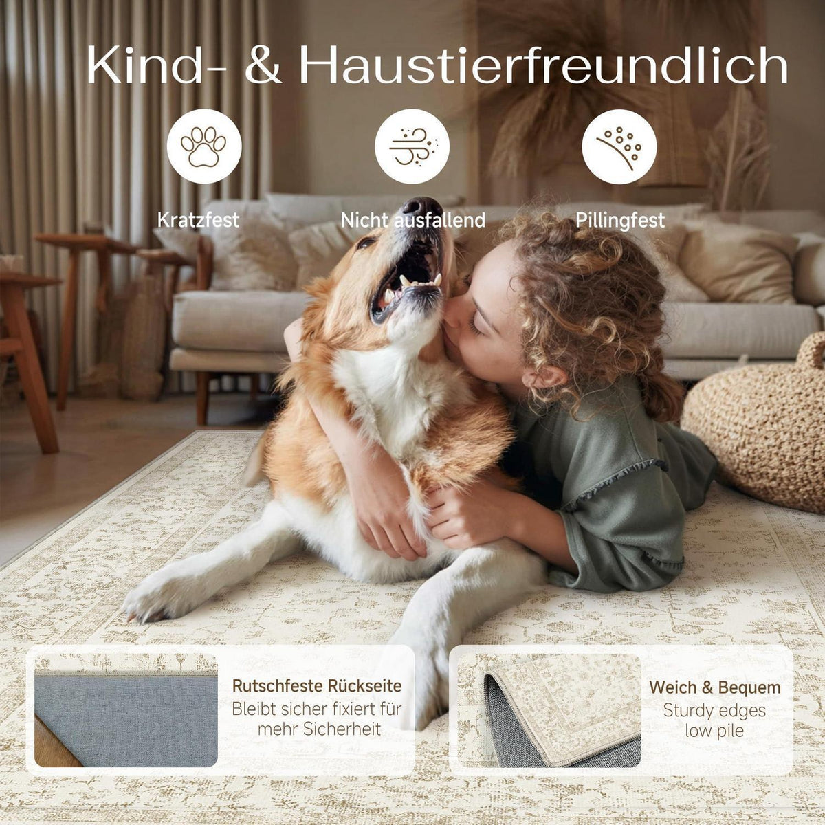 Beiger Wohnteppich 200x300cm – Waschbar & Rutschfest