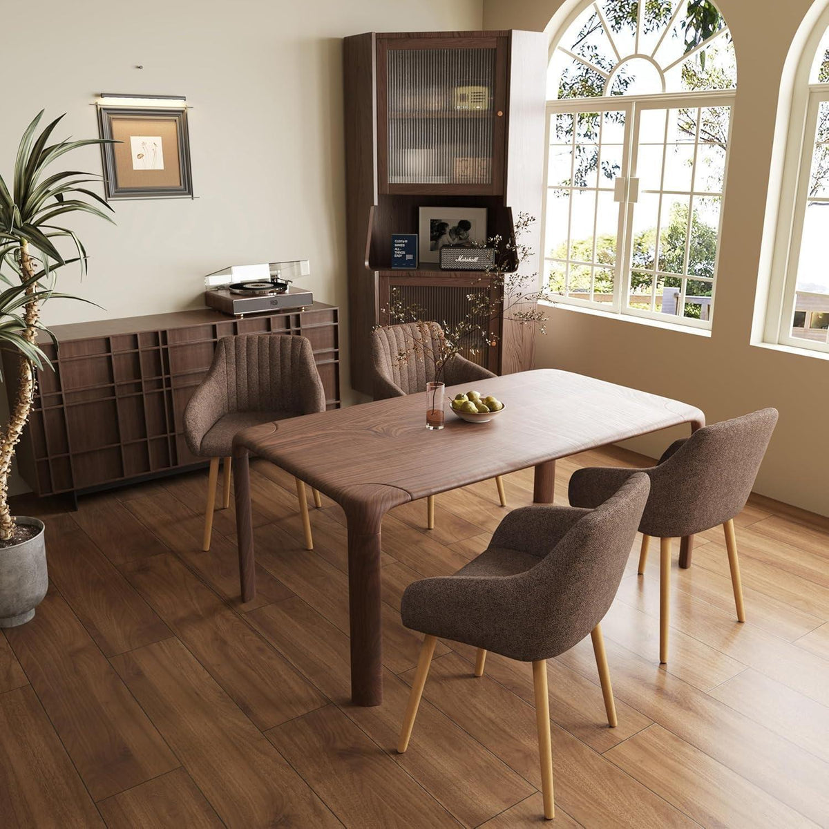 Esszimmerstühle Beige mit Armlehne & Holzbeinen – 6er Set