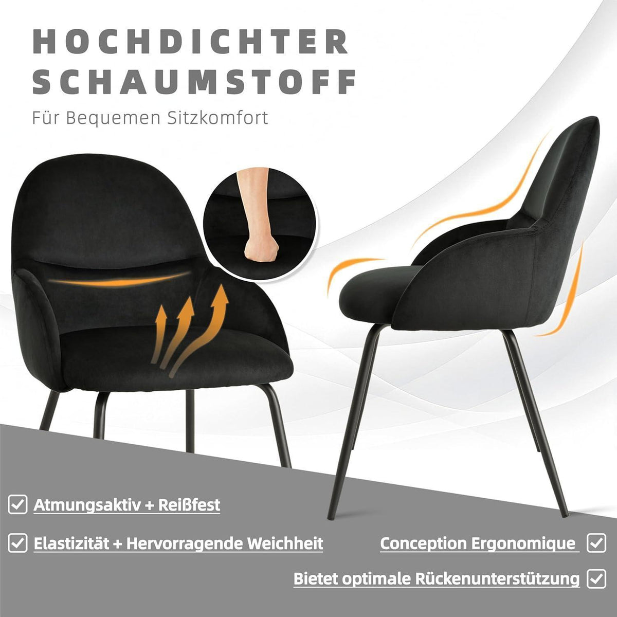 Esszimmerstühle 4er Set mit Armlehne – Schwarz Samt & Metall