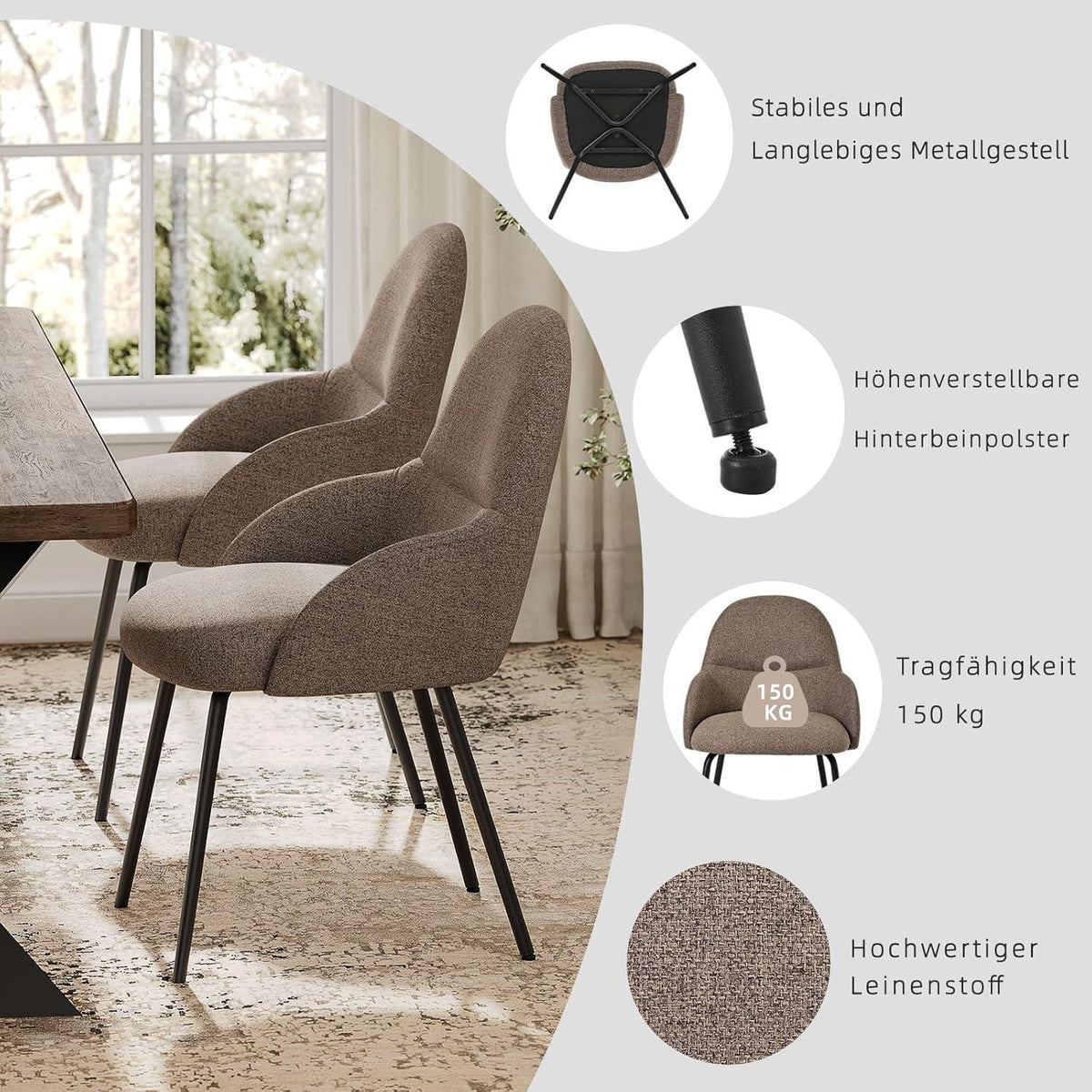 Esszimmerstühle 6er Set mit Armlehne – Braun, Ergonomisch & Modern