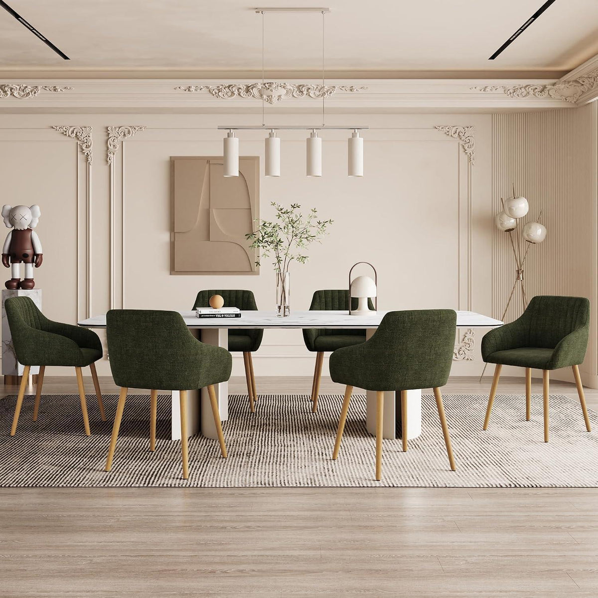 Esszimmerstühle Set 6 beige Holzbeine mit Armlehne & Samtgrün