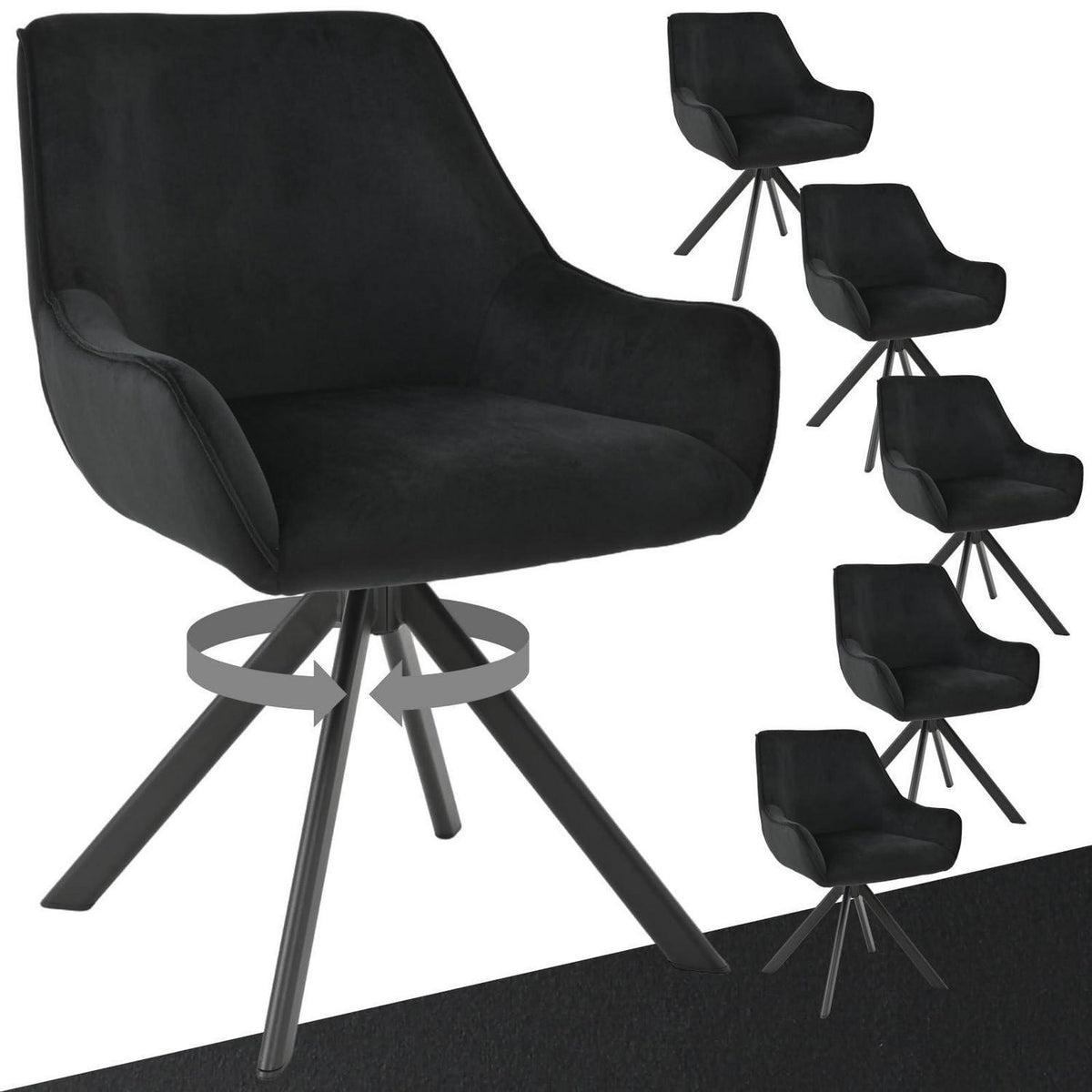 Drehbarer Esszimmerstuhl Set 6er – Samt, Schwarz, Modern