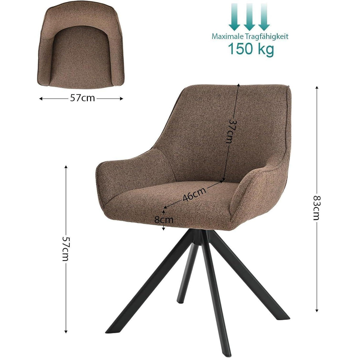 Drehbarer Esszimmerstuhl Set 6er – Polsterstuhl mit Armlehne Braun