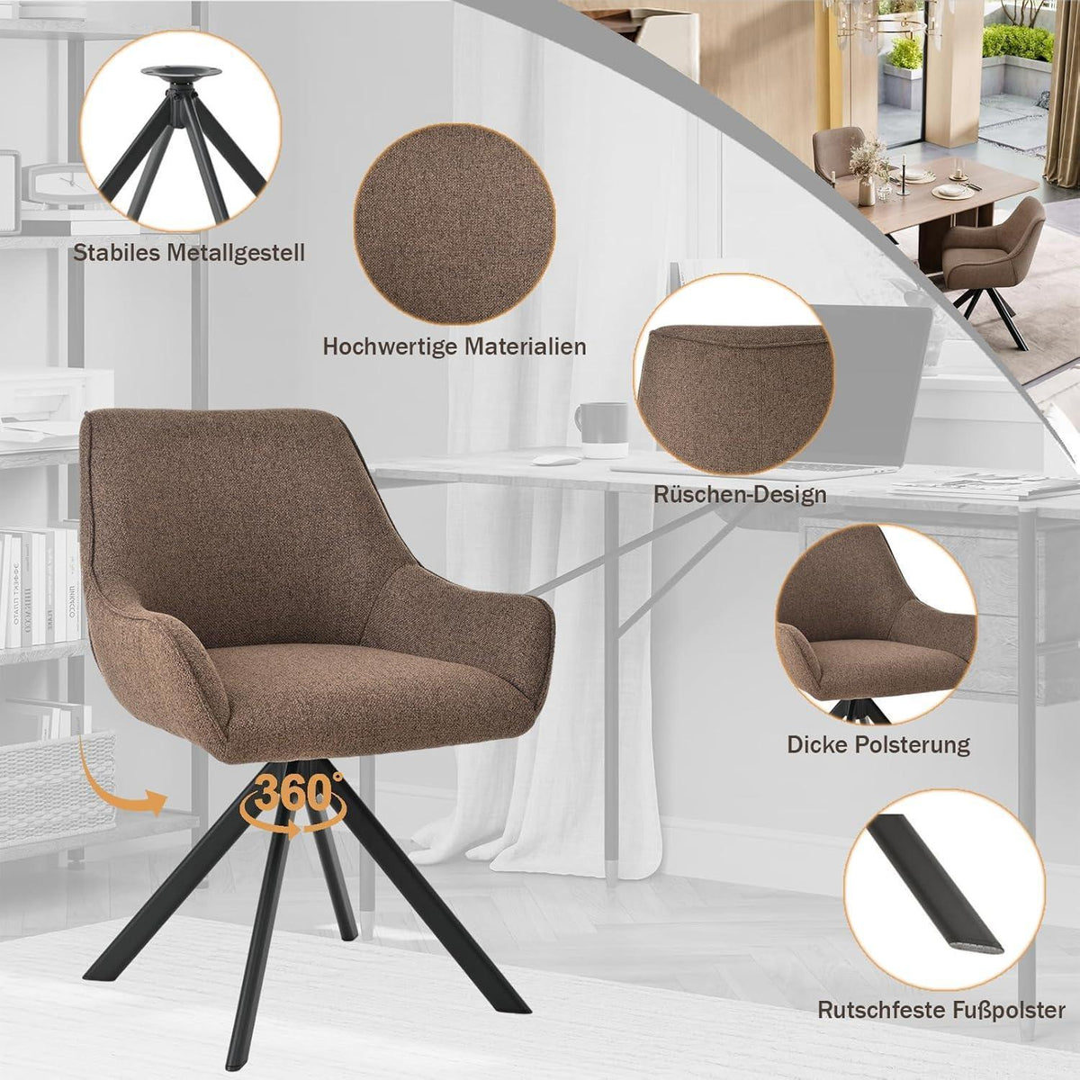 Drehbarer Esszimmerstuhl Set 6er – Polsterstuhl mit Armlehne Braun
