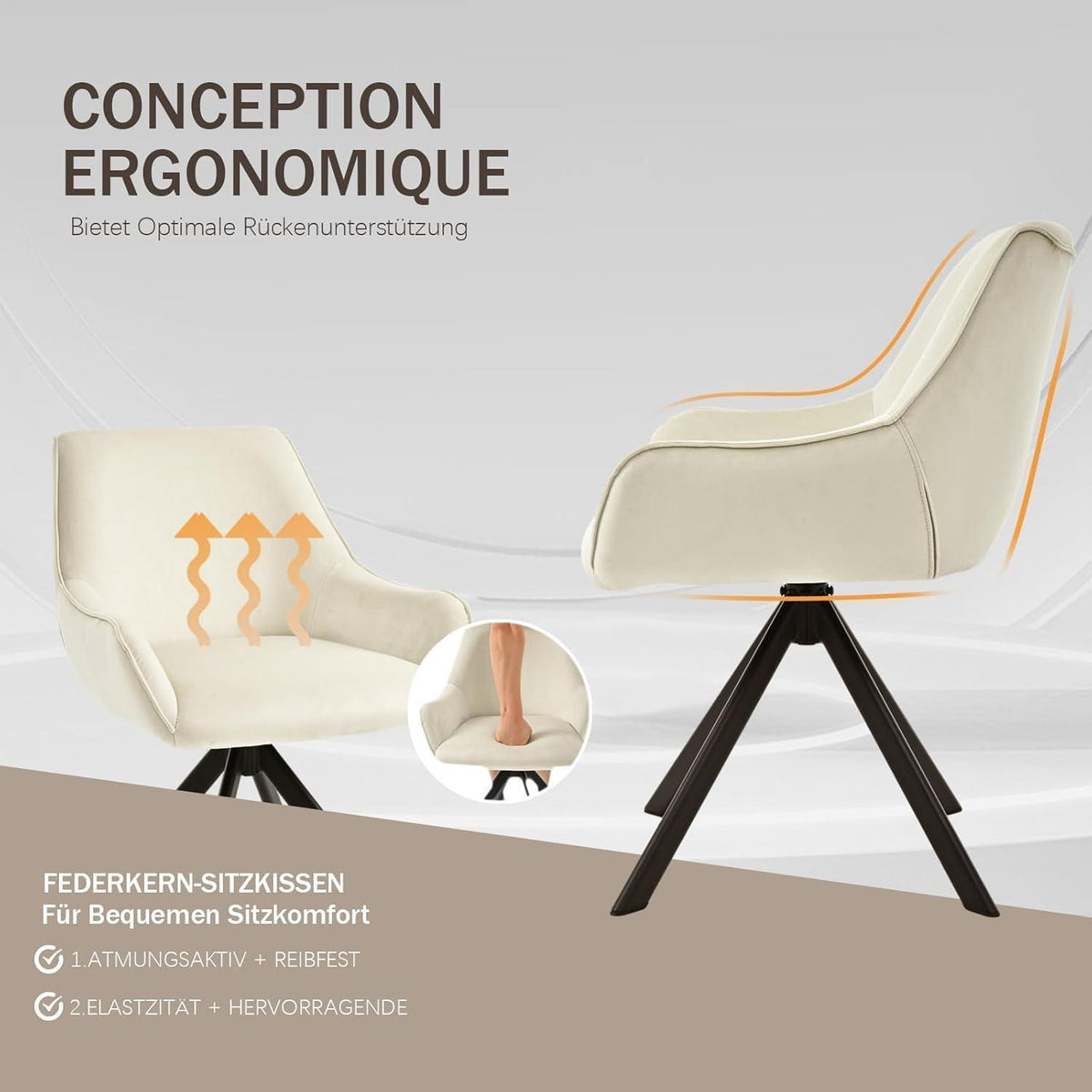 Drehbarer Esszimmerstuhl Set 6er – Samt, Cremeweiß, Modern