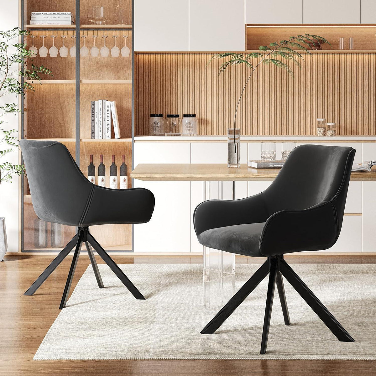 Drehbarer Esszimmerstuhl Set 4er – Samt, Schwarz, Modern