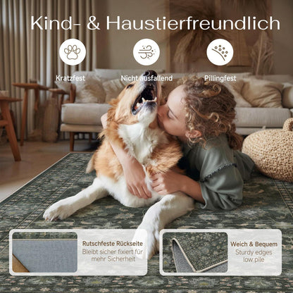 Waschbarer Teppich Grün 300x400cm – Vintage Wohnzimmerteppich