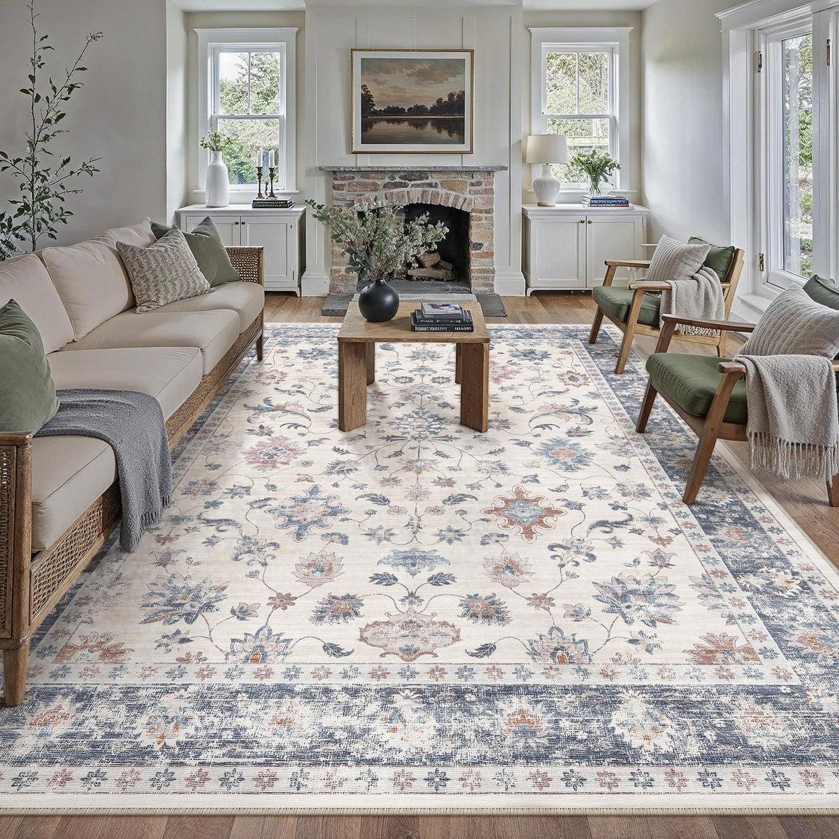 Waschbarer Teppich Blau & Weiß 300x400cm – Vintage Wohnzimmerteppich