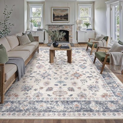 Waschbarer Teppich Blau & Weiß 300x400cm – Vintage Wohnzimmerteppich