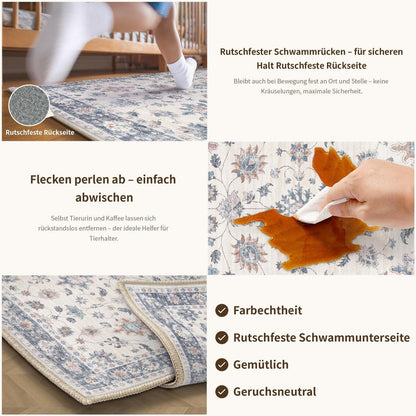 Waschbarer Teppich Blau & Weiß 300x400cm – Vintage Wohnzimmerteppich