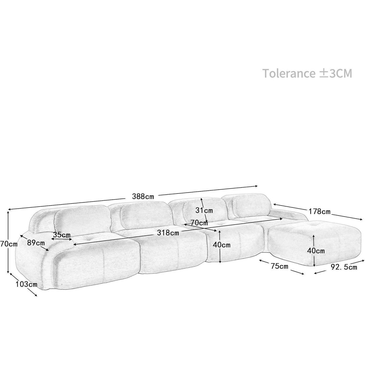 L-förmiges Sofa Cord Schwarz (4-Sitzer + Hocker) für Wohnzimmer