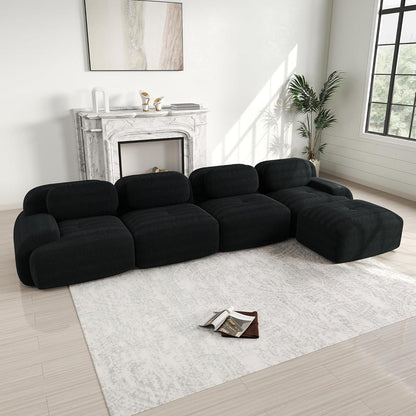 L-förmiges Sofa Cord Schwarz (4-Sitzer + Hocker) für Wohnzimmer