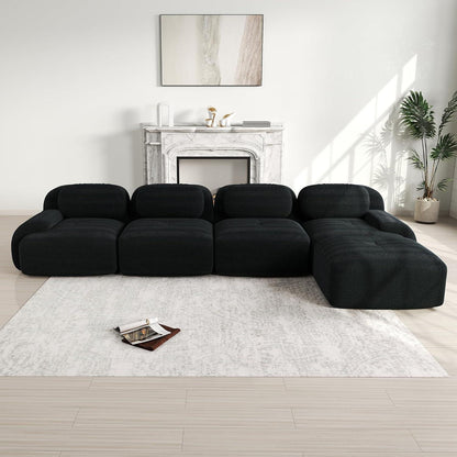 L-förmiges Sofa Cord Schwarz (4-Sitzer + Hocker) für Wohnzimmer